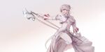  1girl au_ra avatar_(ffxiv) clenched_teeth commentary_request covered_navel dress final_fantasy final_fantasy_xiv fingerless_gloves gloves hair_bun highres holding holding_staff horns long_sleeves parted_lips red_eyes scales solo staff teeth thigh-highs white_background white_dress white_gloves white_hair white_legwear white_mage wudiyishileiyu 