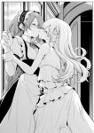  2girls arm_grab blush closed_eyes commentary_request eyebrows_visible_through_hair greyscale highres indoors kiss long_hair maid maid_headdress monochrome multiple_girls original standing sweatdrop yuri zanka_(the-only-neat) 