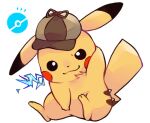  black_eyes brown_headwear closed_mouth commentary_request full_body hat hatted_pokemon looking_at_viewer no_humans pikachu poke_ball_symbol pokemon pokemon_(creature) sitting smile solo una_(y070604) white_background yellow_fur 