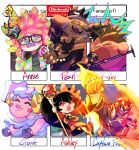  &gt;_&lt; 2boys 4girls :3 ^_^ animal_crossing annie_(splatoon) ashley_(warioware) blush_stickers bracelet captain_falcon chain_necklace character_name clenched_hand closed_eyes clownfish company_connection crown dress etoile_(animal_crossing) f-zero fangs glasses gloves glowing glowing_eyes headphones helmet highres hooves jewelry kirby kirby_(series) microphone microphone_stand moe_(splatoon) mohawk mole mole_under_mouth multiple_boys multiple_girls music necklace nintendo outside_border pearl_(splatoon) scarf sea_anemone setispaghetti singing six_fanarts_challenge spiked_bracelet spikes splatoon_(series) splatoon_1 splatoon_2 tank_top tentacle_hair twintails warioware 