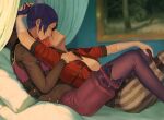  2girls absurdres arcane:_league_of_legends bandaged_arm bandaged_hand bandages bangs black_hair blurry blurry_background breasts brown_pants caitlyn_(league_of_legends) curtains feet_out_of_frame from_side highres jacket league_of_legends lin_jingai long_sleeves looking_at_another lying multiple_girls on_back open_clothes open_jacket pants pantyhose parted_lips pillow ponytail profile red_jacket redhead short_sleeves sitting small_breasts smile striped striped_pants vi_(league_of_legends) yuri 