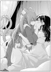  2girls animal_ear_fluff animal_ears blush bow closed_eyes commentary_request curtains eyebrows_visible_through_hair greyscale hands_on_another&#039;s_cheeks hands_on_another&#039;s_face highres indoors monochrome multiple_girls original sweatdrop tail tail_bow tail_ornament yuri zanka_(the-only-neat) 