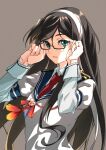  1girl absurdres adjusting_eyewear armband black-framed_eyewear black_hair commentary epaulettes glasses green_eyes hairband highres juliet_sleeves kantai_collection long_hair long_sleeves looking_at_viewer ooyodo_(kancolle) parted_lips puffy_sleeves school_uniform semi-rimless_eyewear serafuku simple_background solo tanabe_(fueisei) under-rim_eyewear upper_body white_hairband 