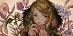  1girl blonde_hair blue_eyes blush braid camellia fingernails flower fur_trim green_eyes hair_ornament hairclip heterochromia holding holding_flower long_hair looking_to_the_side messy_hair original plant solo zinbei 