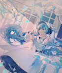  1girl absurdres blue_eyes blue_hair bonnet branch closed_mouth commentary detached_sleeves dress dutch_angle hatsune_miku highres indoors light_smile lobelia_(saclia) long_hair sleeveless sleeveless_dress snowflakes solo twintails very_long_hair vocaloid white_dress white_headwear white_sleeves 