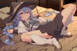  1girl absurdres bangs black_headwear black_skirt blue_eyes blue_hair blush boots braid breasts capelet hat highres knee_boots long_hair long_sleeves looking_at_viewer lying mushoku_tensei on_back on_bed pillow roxy_migurdia sgt-jz shirt skirt small_breasts solo spread_legs twin_braids white_capelet white_footwear white_shirt witch_hat 