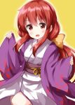  1girl :d bangs bow eyebrows_visible_through_hair floral_print hair_bow highres japanese_clothes kimono kotohime_(touhou) long_hair long_sleeves looking_at_viewer open_mouth purple_kimono red_eyes redhead ruu_(tksymkw) simple_background smile touhou touhou_(pc-98) white_kimono wide_sleeves yellow_background yellow_bow 