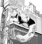  1girl ? animal_ear_fluff animal_ears arknights bangs bead_necklace beads black_capelet blush bokiboki333 braid building capelet giant giantess highres jewelry kjerag_logo large_tail leopard_ears leopard_girl leopard_tail long_hair monochrome necklace open_mouth pramanix_(arknights) shinjuku_cat solo speech_bubble spoken_question_mark spotted_fur tail turtleneck_dress twin_braids 