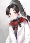  1girl adapted_costume black_hair breath brown_eyes coat gradient gradient_background hair_tie high_ponytail highres kantai_collection kimura_shiki long_hair looking_at_viewer multi-tied_hair nisshin_(kancolle) red_ribbon red_scarf ribbon scarf short_eyebrows snow solo thick_eyebrows upper_body very_long_hair white_coat 