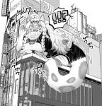  !? 1girl animal_ear_fluff animal_ears arknights bangs bead_necklace beads black_capelet blush bokiboki333 braid building capelet giant giantess highres jewelry large_tail leopard_ears leopard_girl leopard_tail long_hair monochrome necklace open_mouth pramanix_(arknights) shinjuku_cat solo speech_bubble spoken_interrobang spotted_fur surprised tail turtleneck_dress twin_braids 