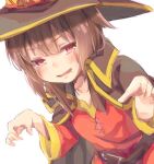  1girl bangs belt belt_buckle black_cloak black_headwear blush brown_belt brown_hair buckle claw_pose cloak collarbone commentary dress hair_between_eyes hair_strand hat kono_subarashii_sekai_ni_shukufuku_wo! leaning_forward looking_to_the_side megumin miso_(pklllad) open_mouth red_dress red_eyes saliva short_hair short_hair_with_long_locks simple_background smile sneaking solo upper_body v-shaped_eyebrows white_background witch_hat 
