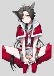  1girl air_shakur_(umamusume) animal_ears arm_tattoo bangs between_legs black_hair boots capelet christmas copyright_name eyebrow_piercing grey_background holding_laptop horse_ears horse_girl jewelry long_hair multiple_rings parted_bangs piercing red_nails red_shorts ring sailor_collar santa_costume shorts simple_background solo spread_legs sticker sweatdrop tan_(inka) tattoo thigh-highs thigh_boots umamusume yellow_eyes 
