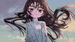  1girl blue_eyes blush brown_hair clouds coat elisia_valfelto floating_hair highres long_hair looking_at_viewer luicent original outdoors sketch sky smile solo upper_body white_coat 