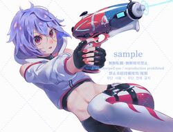  1girl bangs black_gloves energy_gun feet_out_of_frame fingerless_gloves glasses gloves highres long_sleeves medium_hair midriff navel original parted_lips pink_nails print_legwear purple_hair ray_gun red_eyes ritao_kamo round_eyewear solo weapon white_background 