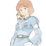  1girl animal animal_on_shoulder belt breasts brown_eyes brown_hair closed_mouth gloves kaze_no_tani_no_nausicaa kei-co looking_at_viewer nausicaa short_hair simple_background sketch smile solo teto white_background 