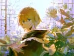  1girl blonde_hair blue_eyes brown_cloak cloak closed_mouth commentary eyebrows_visible_through_hair flower highres hood hooded_cloak light_particles lobelia_(saclia) looking_at_viewer looking_back original short_hair solo tree upper_body 