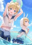  1boy 1girl aircraft airplane animal_ears ashika_(yftcc948) ball beachball bikini blonde_hair blue_eyes clouds cloudy_sky commentary_request fang highres holding instrument kagamine_len kagamine_rin looking_at_viewer looking_down looking_to_the_side midriff_peek open_mouth rabbit_ears see-through shorts siblings skirt sky swimsuit trail tuba twins unzipped vocaloid water yellow_bikini 