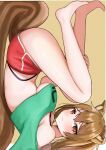  1girl 3: absurdres animal_ears artist_request ass bare_shoulders barefoot bikini bikini_under_clothes breasts brown_eyes brown_hair closed_mouth commission crop_top dolphin_shorts frown green_shirt halterneck highleg highres long_hair looking_at_viewer medium_breasts midriff off-shoulder_shirt off_shoulder original red_shorts revealing_clothes second-party_source shirt short_shorts shorts simple_background solo squirrel_ears squirrel_girl squirrel_tail string_bikini swimsuit tail thighs under_boob upside-down 