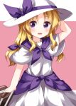  1girl :d bangs blonde_hair bow dress eyebrows_visible_through_hair hair_bow hand_on_headwear hat hat_ribbon highres holding holding_suitcase looking_at_viewer louise_(touhou) medium_hair open_mouth pink_background purple_bow purple_ribbon purple_sailor_collar ribbon ruu_(tksymkw) sailor_collar short_sleeves smile suitcase touhou touhou_(pc-98) violet_eyes white_dress white_headwear wide_sleeves 