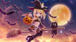  aura_kingdom bat bat_wings broom broom_riding endora_(aura_kingdom) full_moon hat highres moon no_nose pumpkin wings witch_hat 