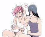  2girls arcane:_league_of_legends arm_tattoo black_hair caitlyn_(league_of_legends) coffee_mug collarbone cup facial_tattoo hand_on_another&#039;s_head highres league_of_legends looking_at_another messy_hair mug multiple_girls murata_(igaratara) nose_piercing piercing pink_hair simple_background steam tank_top tattoo tomboy vi_(league_of_legends) yuri 