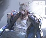  1boy black_jacket blue_eyes closed_mouth collared_shirt commentary_request crossed_legs eyepatch feet_out_of_frame formal granblue_fantasy grey_hair horns jacket jacket_on_shoulders male_focus necktie nehan_(granblue_fantasy) pants red_necktie shirt solo suit tota_(sizukurubiks) white_jacket white_pants white_shirt 