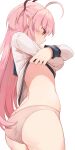  1girl ahoge angel_beats! back crossed_arms eyebrows_visible_through_hair hair_ribbon highres hiroki_(yyqw7151) lifted_by_self long_hair looking_down panties pink_eyes pink_hair ribbon shinda_sekai_sensen_uniform short_twintails solo twintails underwear undressing white_background yui_(angel_beats!) 