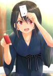  1girl :o blue_kimono breasts card gomashio_star hair_between_eyes highres holding holding_card indoors japanese_clothes kimono kneeling medium_breasts medium_hair original poker_chip red_eyes solo twitter_username wide_sleeves 