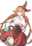  1girl :&lt; bangs bare_shoulders belt blush bow_hairband breasts clarisse_(granblue_fantasy) collared_shirt commentary corset detached_sleeves flask granblue_fantasy green_eyes hair_intakes hairband highres long_hair looking_at_viewer lying medium_breasts mikokomiyazawa on_back orange_hair red_skirt shadow shirt simple_background skirt sleeves_past_wrists solo thigh-highs twintails white_background white_shirt 