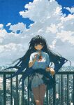  1girl black_hair blue_eyes bow clouds drinking_straw film_grain highres juice_box leaning_on_rail long_hair looking_at_viewer original outdoors potg_(piotegu) scenery school_uniform signature skirt solo very_long_hair wind wind_lift 