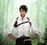  1boy aragami_oga bangs belt belt_buckle black_gloves black_hair black_pants blurry blurry_background buckle chest_harness dark-skinned_male dark_skin dress_shirt earrings eyebrows_behind_hair gloves green_eyes hair_between_eyes harness highres holostars horns ice_horns jewelry looking_at_viewer open_mouth pants pouch sharp_teeth shirt sinap_(12000klb) single_horn sleeves_folded_up sleeves_past_elbows smile solo teeth virtual_youtuber white_shirt 