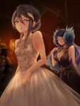  2girls absurdres alternate_costume black_hair blue_fire breasts brighid_(xenoblade) closed_eyes curvy elbow_gloves fiery_hair fire gala_dress gloves highres large_breasts long_hair morag_ladair_(xenoblade) multiple_girls purple_hair remaco thigh-highs very_long_hair xenoblade_chronicles_(series) xenoblade_chronicles_2 