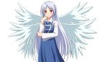  1girl absurdres angel angel_wings asatsuki_(fgfff) blue_dress blush breasts closed_mouth collared_shirt dress eyebrows_visible_through_hair feathered_wings hand_on_own_face highres long_hair long_sleeves looking_at_viewer multiple_wings red_eyes sariel_(touhou) shirt simple_background smile solo touhou touhou_(pc-98) very_long_hair white_background white_hair white_shirt wings 