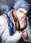  1boy black_shirt blue_eyes blue_hair coat cropped_torso ear_piercing ferdinand_(granblue_fantasy) granblue_fantasy hand_on_own_face hand_tattoo highres long_sleeves looking_at_viewer male_focus piercing shinoho shirt short_hair signature smile solo tattoo turtleneck upper_body white_coat 