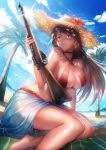  1girl alternate_costume beach blush breasts brown_hair clouds cloudy_sky commentary day english_commentary girls_frontline green_eyes gun hat highres holding holding_gun holding_weapon huamuan_huamuan large_breasts lee-enfield lee-enfield_(girls&#039;_frontline) long_hair palm_tree rifle sky sling_bikini_top straw_hat sweatdrop swimsuit tree weapon 