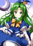  1girl bangs blue_background blue_headwear blue_shirt blue_skirt bow bowtie closed_mouth gradient gradient_background green_eyes green_hair hat highres long_hair long_sleeves looking_at_viewer mima_(touhou) pointy_hat ruu_(tksymkw) shirt skirt smile solo staff touhou touhou_(pc-98) wizard_hat yellow_bow yellow_bowtie 