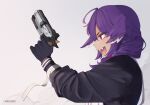  1girl ahoge ameiarts fangs from_side gloves gun highres holding holding_gun holding_weapon nijisanji nijisanji_en purple_hair selen_tatsuki solo weapon 