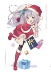  1girl black_legwear blush boots box capelet gift gift_box grey_hair hat highres holding holding_sack kantai_collection kasumi_(kancolle) knee_boots long_hair nueco open_mouth pom_pom_(clothes) red_capelet red_footwear sack santa_costume santa_hat side_ponytail simple_background single_thighhigh solo teeth thigh-highs translation_request upper_teeth white_background yellow_eyes 