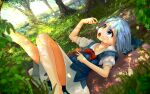  1girl absurdres arm_up bangs barefoot blue_bow blue_dress blue_eyes blue_hair blue_sky bow bowtie bush cirno collar collared_shirt dress english_commentary eyebrows_visible_through_hair eyes_visible_through_hair grass hair_between_eyes hand_up highres ice jean_bomjan leaf leg_up light looking_up lying no_wings open_mouth puffy_short_sleeves puffy_sleeves red_bow red_bowtie scenery shadow shirt short_hair short_sleeves sky solo sunlight teeth tongue touhou tree v white_shirt 