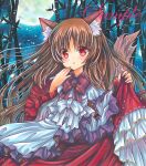  1girl :o animal_ear_fluff animal_ears bamboo blue_background bow bowtie brown_hair cowboy_shot eyebrows_visible_through_hair frilled_shirt_collar frilled_skirt frilled_sleeves frills hand_to_own_mouth imaizumi_kagerou juliet_sleeves long_hair long_sleeves looking_at_viewer marker_(medium) moon night open_mouth outdoors puffy_sleeves purple_bow purple_bowtie red_eyes red_skirt rui_(sugar3) sample shirt skirt skirt_hold solo touhou traditional_media very_long_hair white_bow white_bowtie white_shirt wolf_ears 