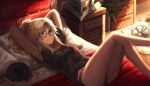  1girl bangs black_panties black_shirt blonde_hair breasts cat crossed_legs fate/apocrypha fate_(series) glasses green_eyes highres long_hair looking_at_viewer lying mordred_(fate) mordred_(fate/apocrypha) on_back on_bed panties parted_bangs pillow ponytail shirt short_sleeves sidelocks small_breasts tonee underwear 