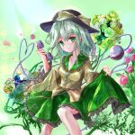  1girl absurdres bangs blush closed_mouth feet_out_of_frame floral_print flower green_eyes green_flower green_hair green_rose hat heart heart_of_string highres ikazuchi_akira komeiji_koishi long_hair looking_at_viewer pink_flower pink_rose plant rose simple_background skirt_hold smile solo third_eye thorns touhou vines wide_sleeves 