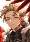  1boy artist_name blurry blurry_foreground bokeh boku_no_hero_academia close-up closed_mouth depth_of_field earrings facial_hair forehead fur_trim goatee gold_trim hawks_(boku_no_hero_academia) headphones jewelry kadeart looking_at_viewer male_focus short_hair simple_background smirk solo spiky_hair stubble sunlight symbol-only_commentary thick_eyebrows upper_body white_background wide-eyed wings yellow_eyes 