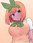  1girl bangs blue_eyes blush bow breasts brown_background collared_shirt commentary_request eyebrows_behind_hair from_below go-toubun_no_hanayome green_bow green_ribbon hair_between_eyes hair_ribbon kujou_karasuma lap_pillow looking_at_viewer looking_down medium_breasts nakano_yotsuba orange_hair parted_lips pov ribbon shirt short_sleeves signature simple_background solo sweater_vest upper_body white_shirt 