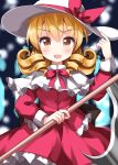  1girl :d bangs blonde_hair blurry blurry_background capelet cowboy_shot drill_locks elly_(touhou) eyebrows_visible_through_hair forest frilled_capelet frilled_shirt frilled_skirt frills hand_on_headwear hat hat_ribbon highres holding holding_scythe long_sleeves looking_at_viewer nature open_mouth red_eyes red_ribbon red_shirt red_skirt ribbon ruu_(tksymkw) scythe shirt short_hair skirt smile standing touhou touhou_(pc-98) v-shaped_eyebrows white_capelet white_headwear yellow_eyes 