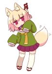  1girl animal_ear_fluff animal_ears bangs bell blonde_hair blush brown_collar closed_mouth collar commentary eyebrows_visible_through_hair fox_ears fox_girl fox_tail full_body green_skirt hair_between_eyes hair_bun hair_ornament highres jingle_bell kemomimi-chan_(naga_u) leaning_to_the_side long_sleeves looking_at_viewer naga_u neck_bell original pleated_skirt purple_skirt red_eyes ribbon-trimmed_legwear ribbon_trim sailor_collar simple_background skirt sleeves_past_fingers sleeves_past_wrists solo standing tail thigh-highs white_background white_legwear white_sailor_collar 