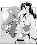  2girls animal_ear_fluff animal_ears blush closed_eyes commentary_request eyebrows_behind_hair eyebrows_visible_through_hair greyscale highres holding_hands indoors interlocked_fingers kiss long_hair maid maid_headdress monochrome multiple_girls original tail yuri zanka_(the-only-neat) 