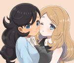  2girls bare_arms blue_eyes blue_sweater blush breasts closed_mouth collarbone collared_shirt commentary_request curly_hair emma_(pokemon) hand_up highres long_hair multiple_girls nasakixoc one_eye_closed pokemon pokemon_(game) pokemon_xy serena_(pokemon) shirt sleeveless sleeveless_shirt smile sweater upper_body white_shirt 