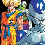  3boys arms_at_sides belt black_background black_outline blonde_hair blue_belt blue_eyes blue_wristband cape clenched_hands close-up closed_mouth colored_skin crossed_arms dougi dragon_ball dragon_ball_z face feet_out_of_frame frieza frown green_skin highres looking_at_viewer male_focus multiple_boys muscular muscular_male no_eyebrows orange_pants outline pants pectorals piccolo pointy_ears purple_pants red_eyes red_sash sash serious sideways_glance simple_background son_goku spiky_hair super_saiyan super_saiyan_1 toriyama_akira turban undershirt white_cape wristband 