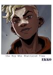  1boy absurdres arcane:_league_of_legends bangs blonde_hair border brown_eyes bu_ruo1996_(caricaturist) character_name closed_mouth collarbone commentary_request dark-skinned_male dark_skin ekko_(league_of_legends) english_text facial_mark gradient gradient_background grey_background highres hood hood_down league_of_legends looking_at_viewer male_focus portrait short_hair smile solo white_border 